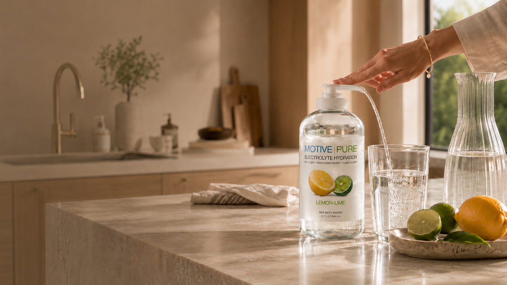 Person pouring water from a Motive Pure bottle into a glass on a kitchen counter.